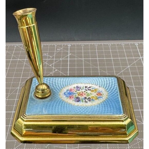 Vintage Sterling Silver Blue Guilloche Enamel  Floral Desktop Pen Holder Paperwe - Picture 2 of 9